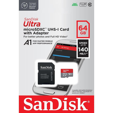 SanDisk atmiņas karte Ultra Android microSDXC 64GB 140MB/s A1 Cl.10 UHS-I + adapteris