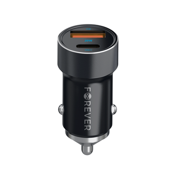 Forever CC-06 PD QC automašīnas lādētājs 1x USB-C 1x USB 20W melns + USB-C - USB-C kabelis 60W