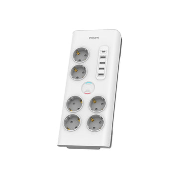 Pret pārsprieguma strāvas pagarinātājs PHILIPS 6 Schuko rozetes + 6x USB-A + 1x USB-C 2m 16A balts