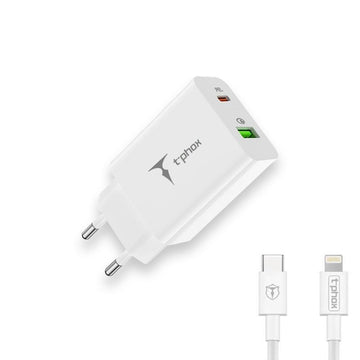 Tīkla lādētājs T-PHOX SPEEDY USB-C 20 W/USB 18 W (PD, QC) + Lightning kabelis 1 m, balts