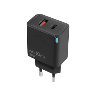 Maxlife MXTC-09-30AC GaN PD QC lādētājs, 1x USB-C, 1x USB, 30 W, melns