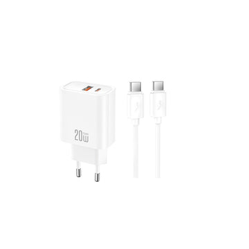 XO sienas lādētājs CE42 PD 30 W, 1x USB-C, 1x USB, balts + USB-C – USB-C kabelis