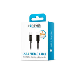 Forever vads USB-C – USB-C 1 m 60W, melns