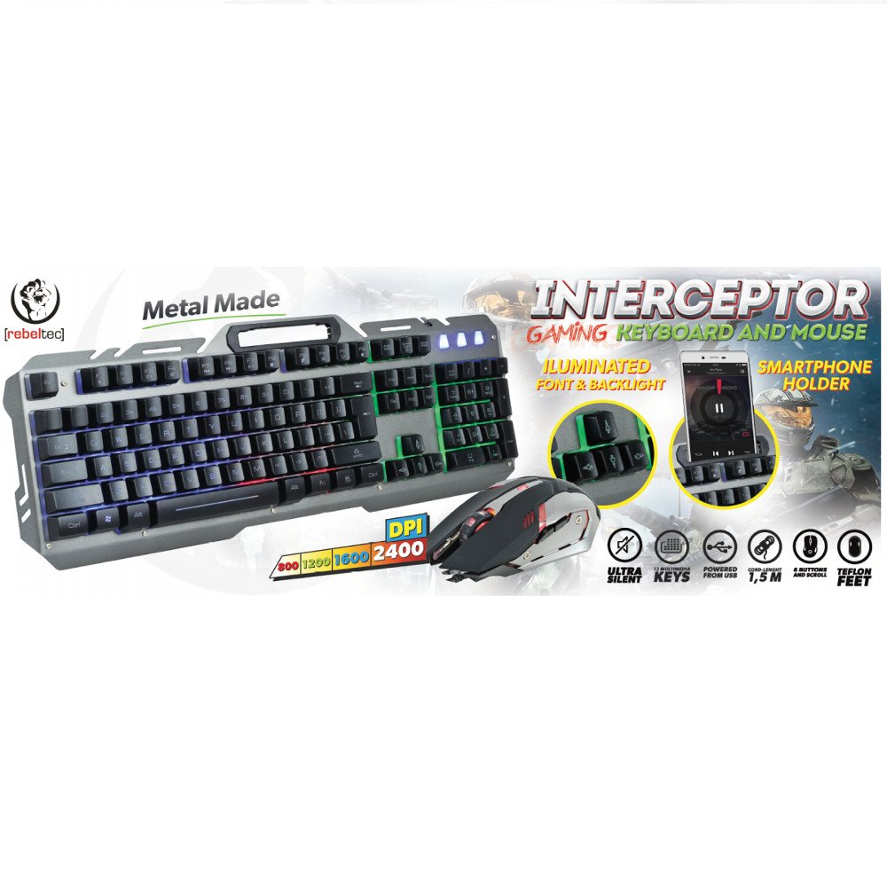 Rebeltec vadu tastatūra komplekts: LED + mouse Interceptor players