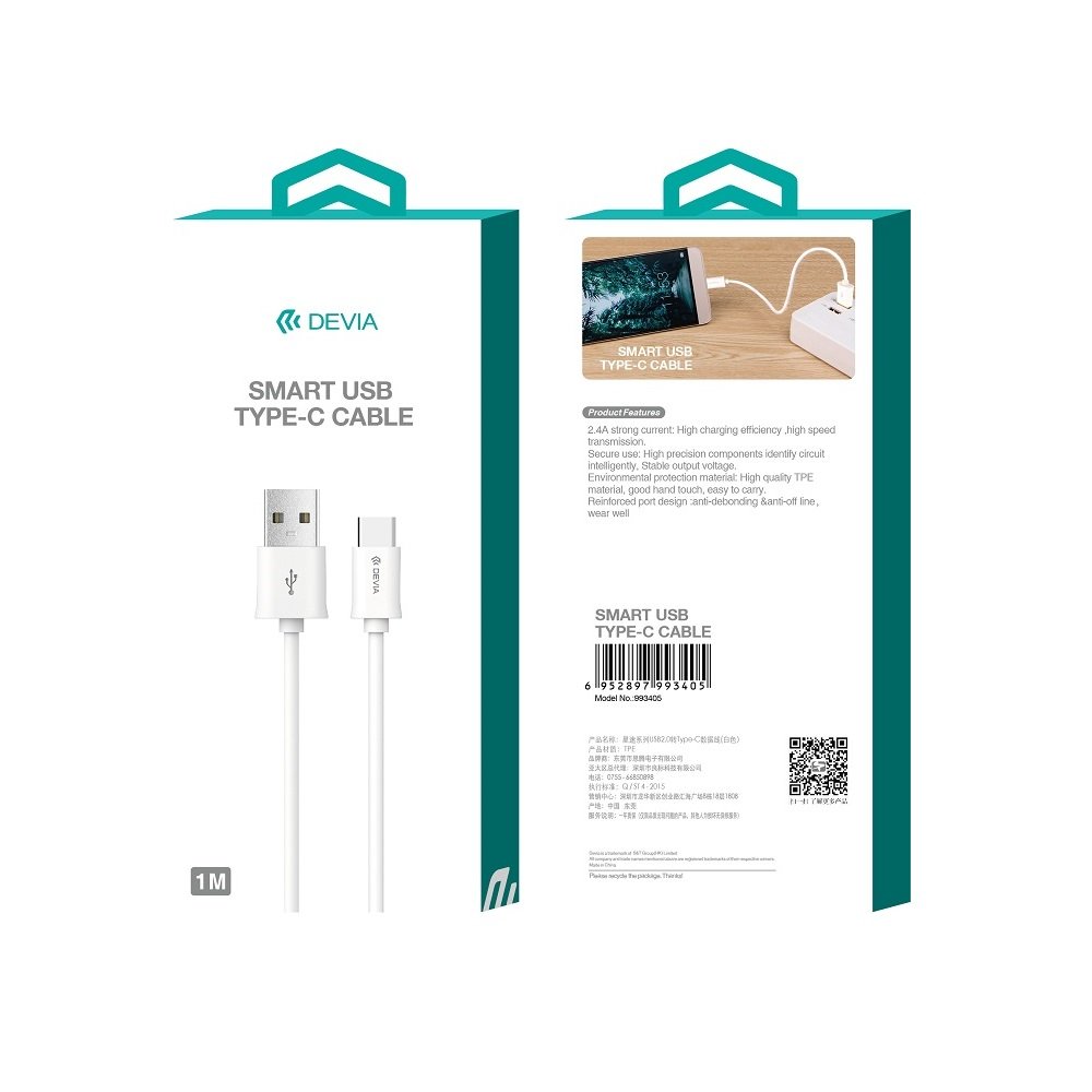Devia kabelis Smart EC082 USB - USB-C 1,0 m 2,1A, balts
