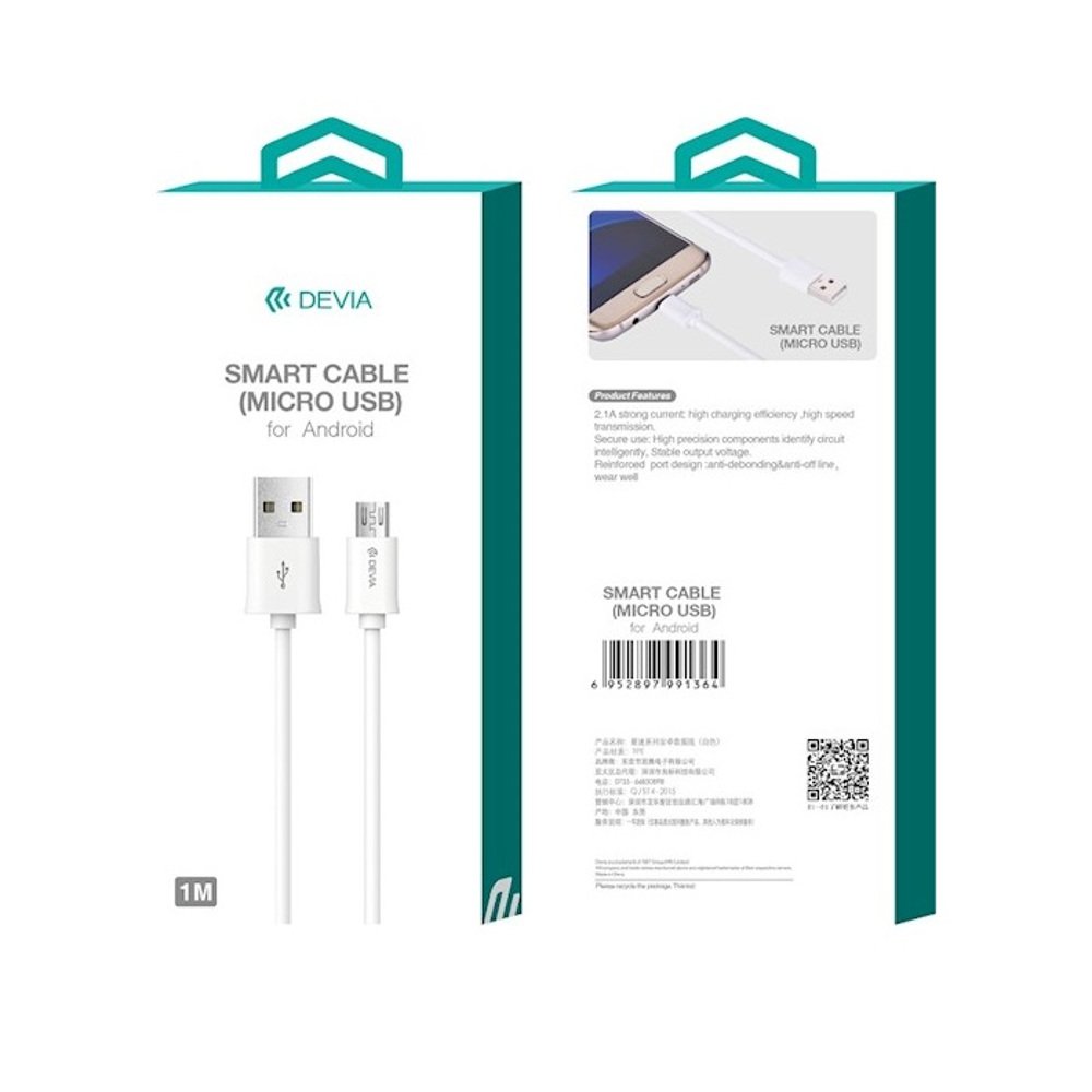 Devia kabelis Smart EC081 USB - MicroUSB 1,0 m 2,1A, balts