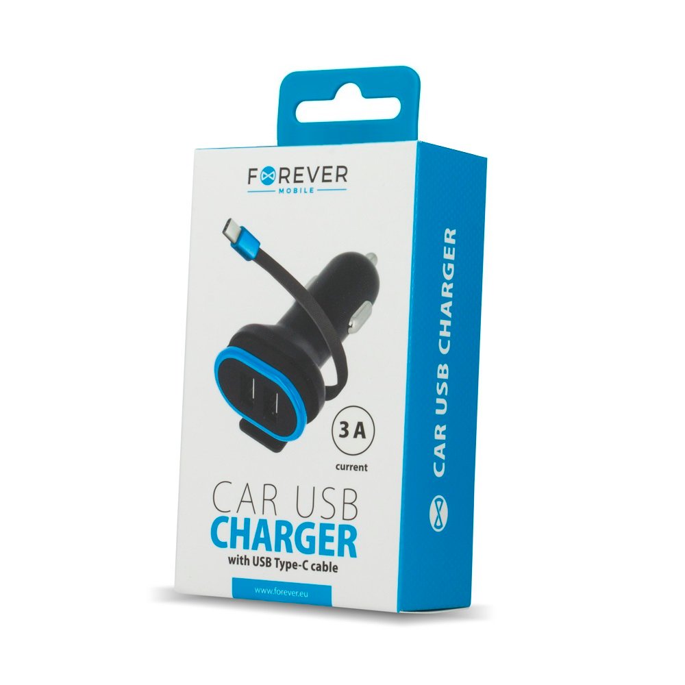 Forever CC-02 automašīnas lādētājs 2x USB 3A melns ar USB-C kabeli 0,2 m