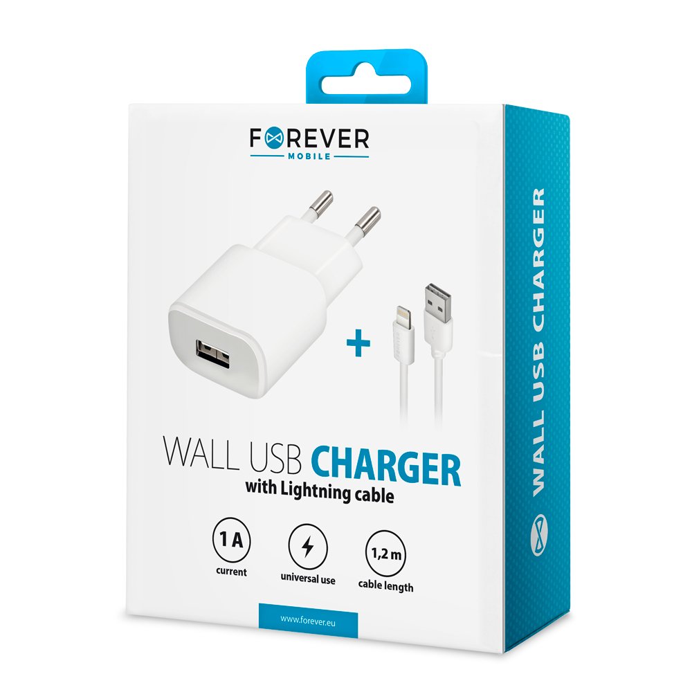 Forever TC-01 tīkla lādētājs 1x USB 1A balts + Lightning kabelis