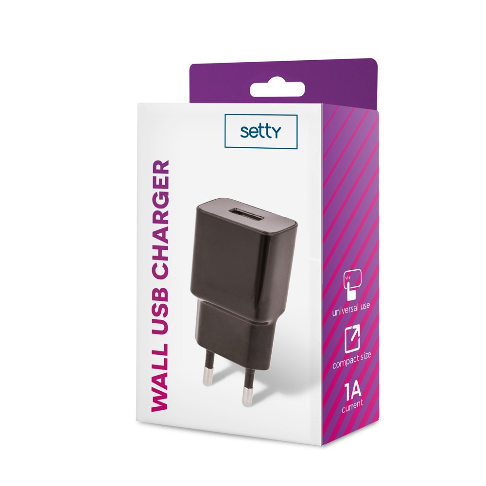 Setty lādētājs 1x USB 1A, melns