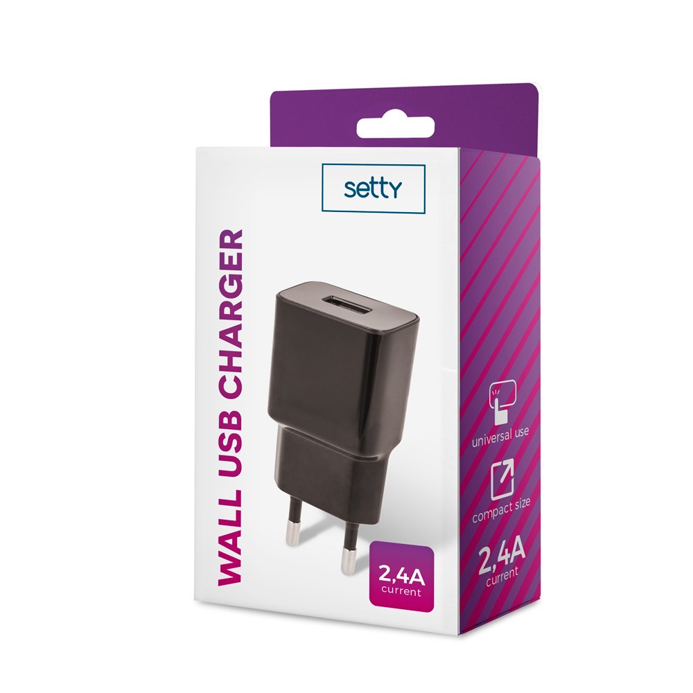 Setty lādētājs 1x USB 2,4A, melns