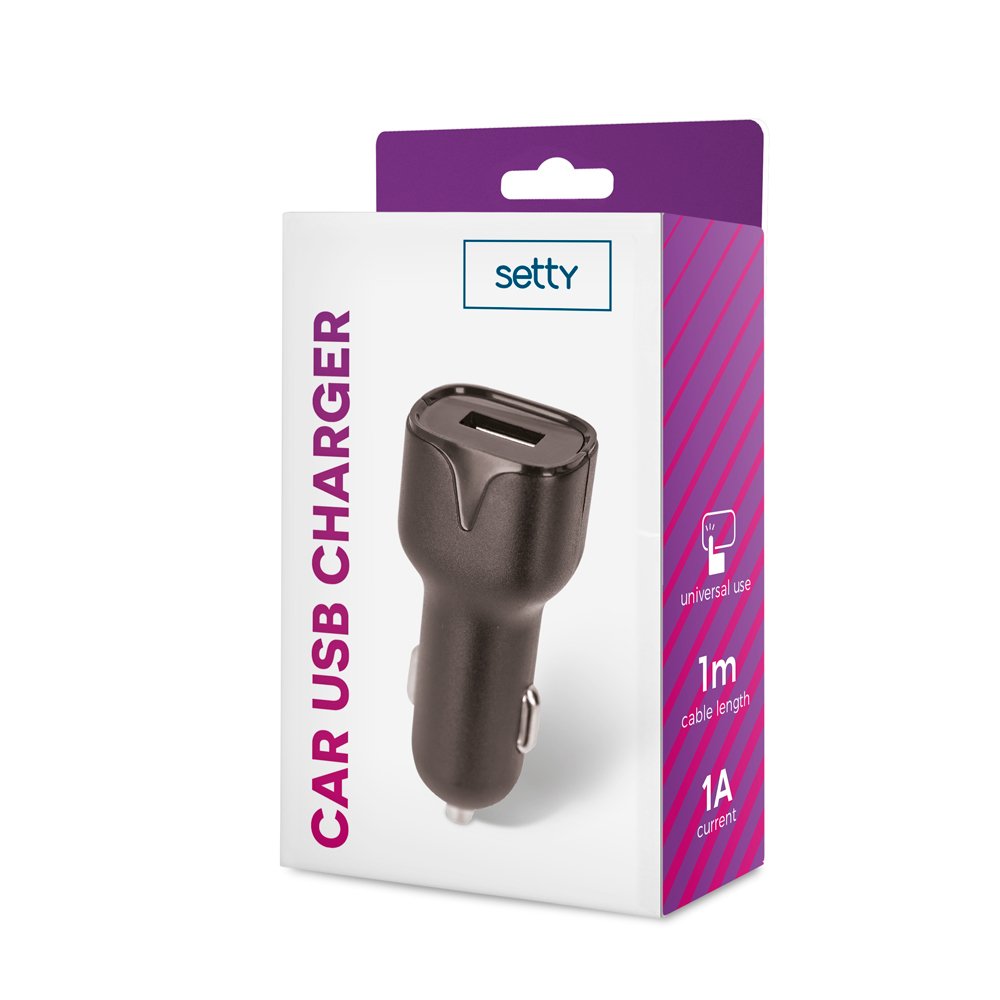 Setty auto lādētājs 1x USB 1A, melns
