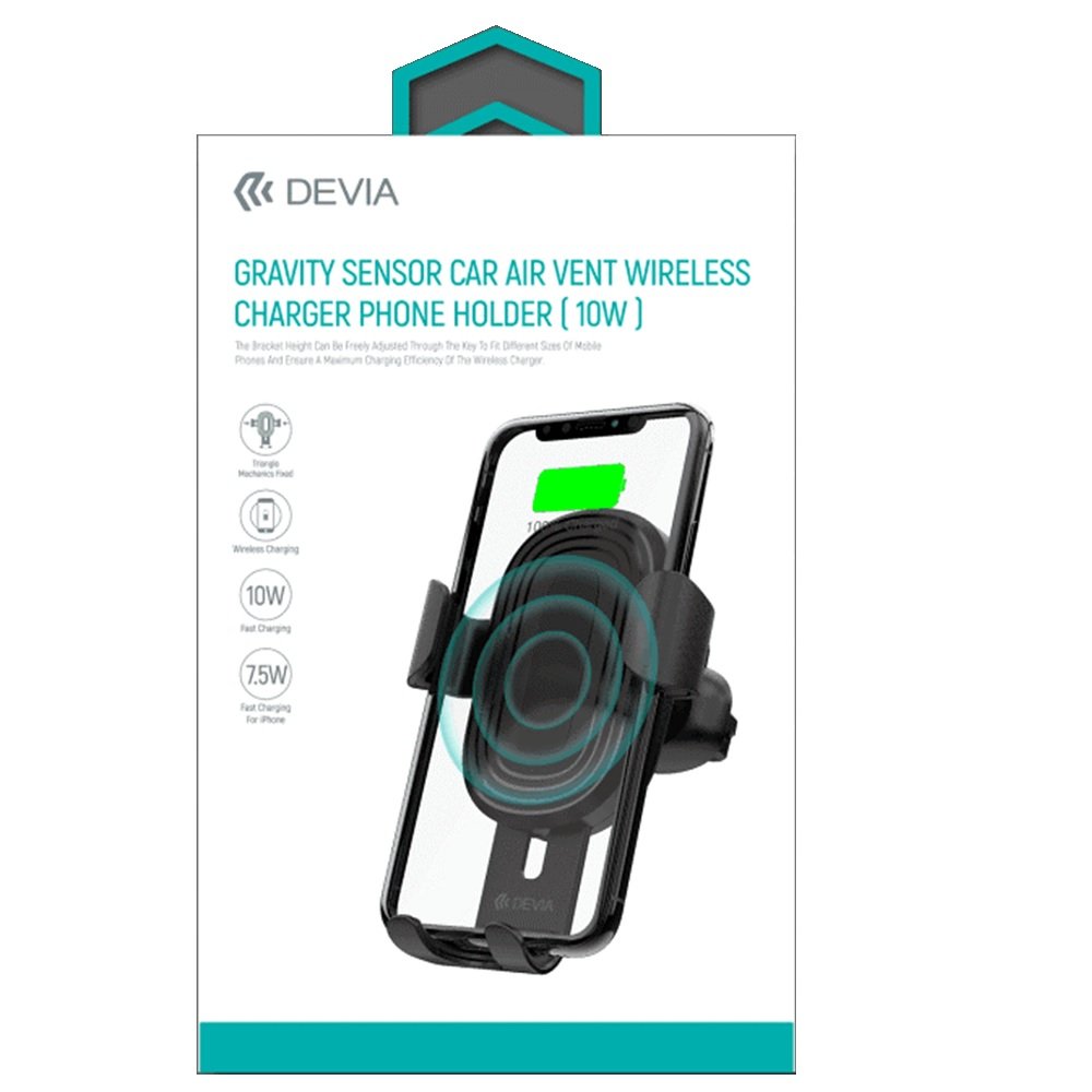 Devia auto ventilācijas režģa turētājs gravitātes ar 10W bezvadu lādētāju, melns