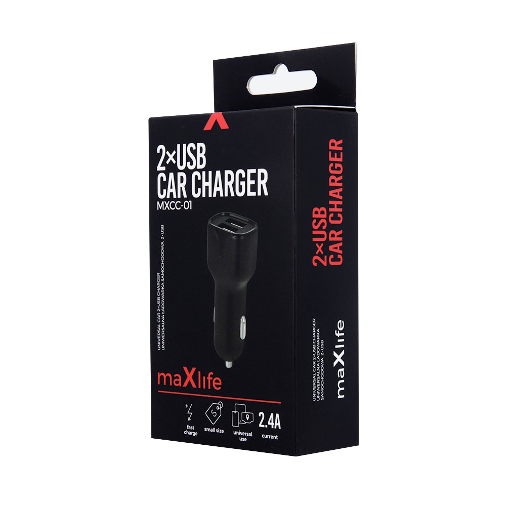 Maxlife auto lādētājs MXCC-01 2x USB 2.4A, melns