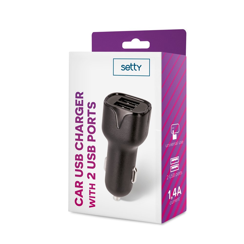 Setty auto lādētājs 2x USB 1,4A, melns