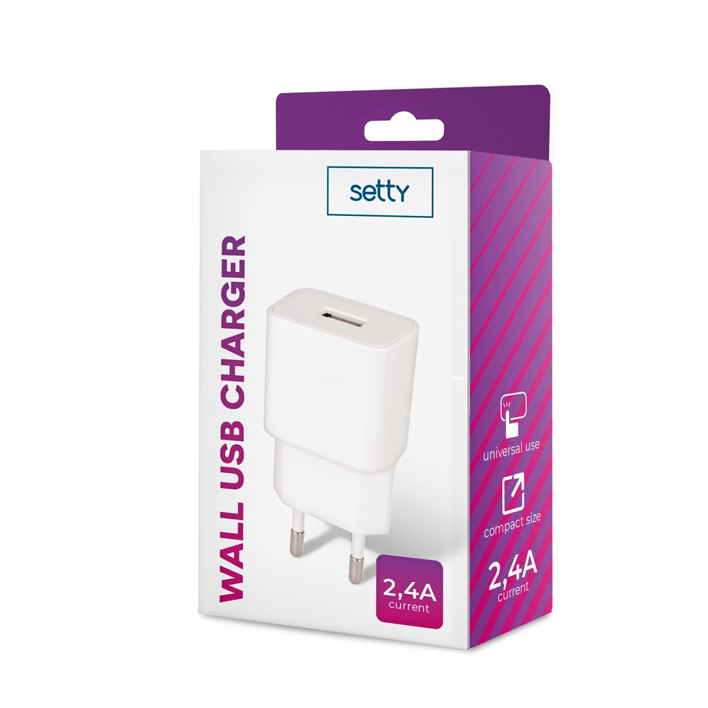 Setty lādētājs 1x USB 2,4A, balts