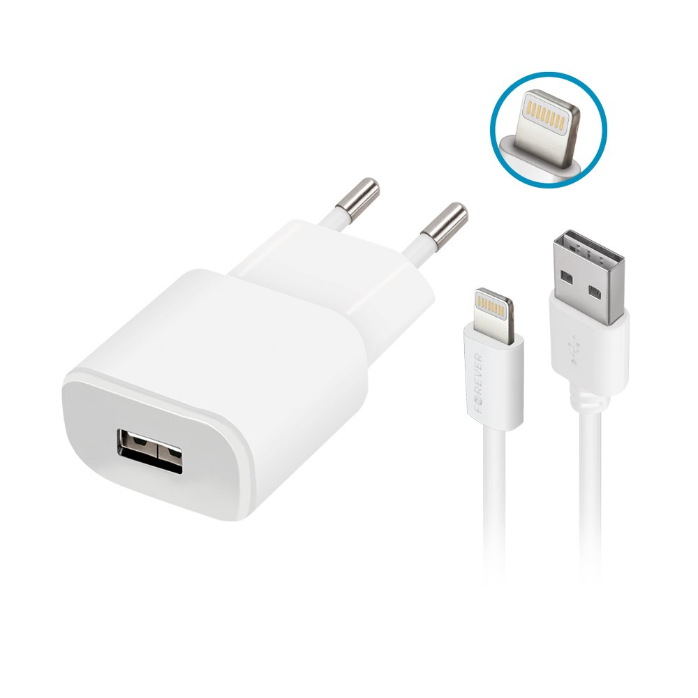 Forever TC-01 tīkla lādētājs 1x USB 1A balts + Lightning kabelis