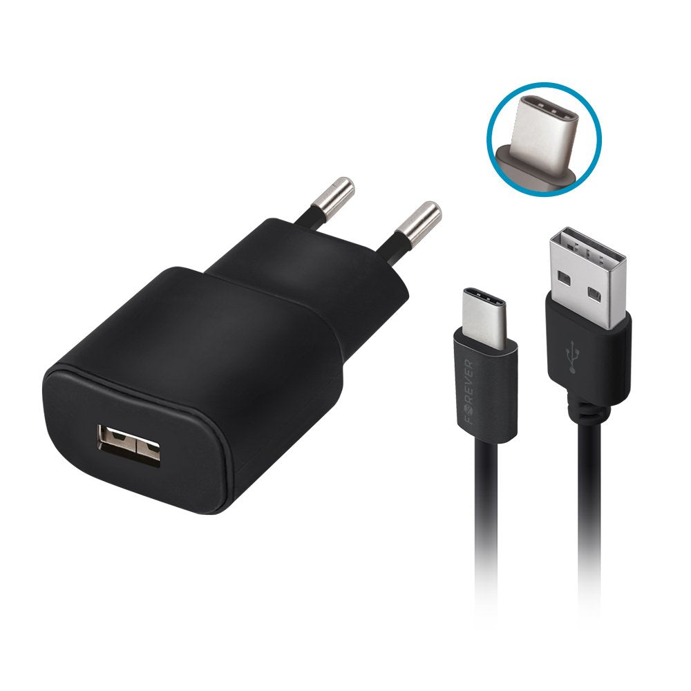 Forever TC-01 tīkla lādētājs 1x USB 2A melns + USB-C kabelis