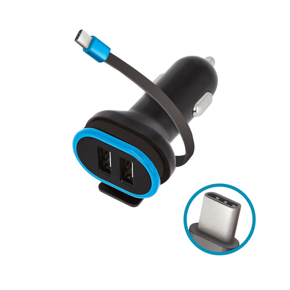 Forever CC-02 automašīnas lādētājs 2x USB 3A melns ar USB-C kabeli 0,2 m