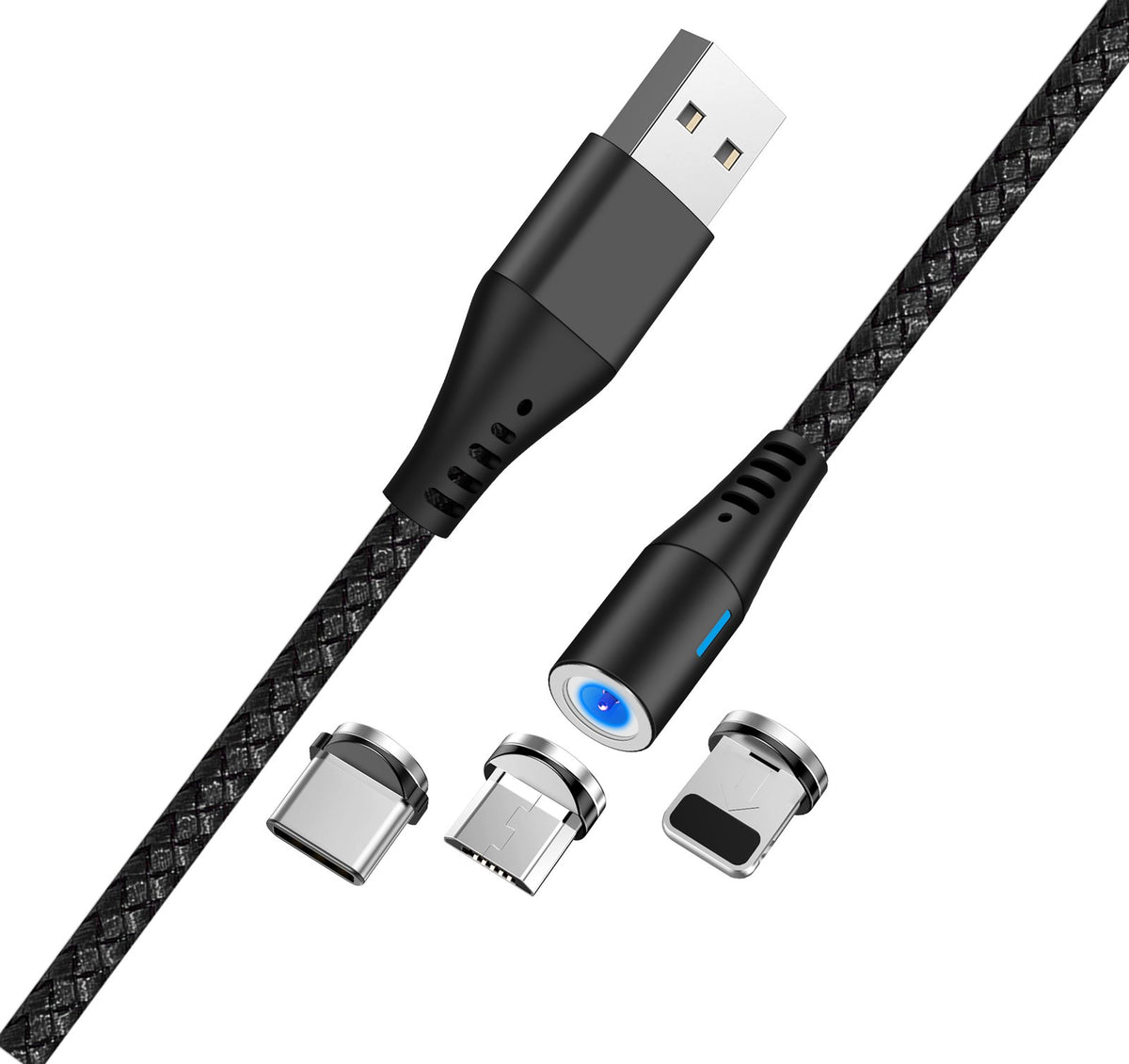 Maxlife MXUC-02 magnētiskais kabelis USB - Lightning + USB-C + microUSB 1,0 m 2A melns neilons