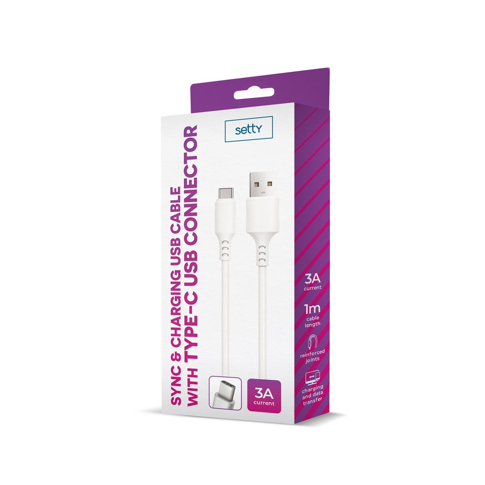 Setty kabelis USB - USB-C 1,0 m 3A, balts