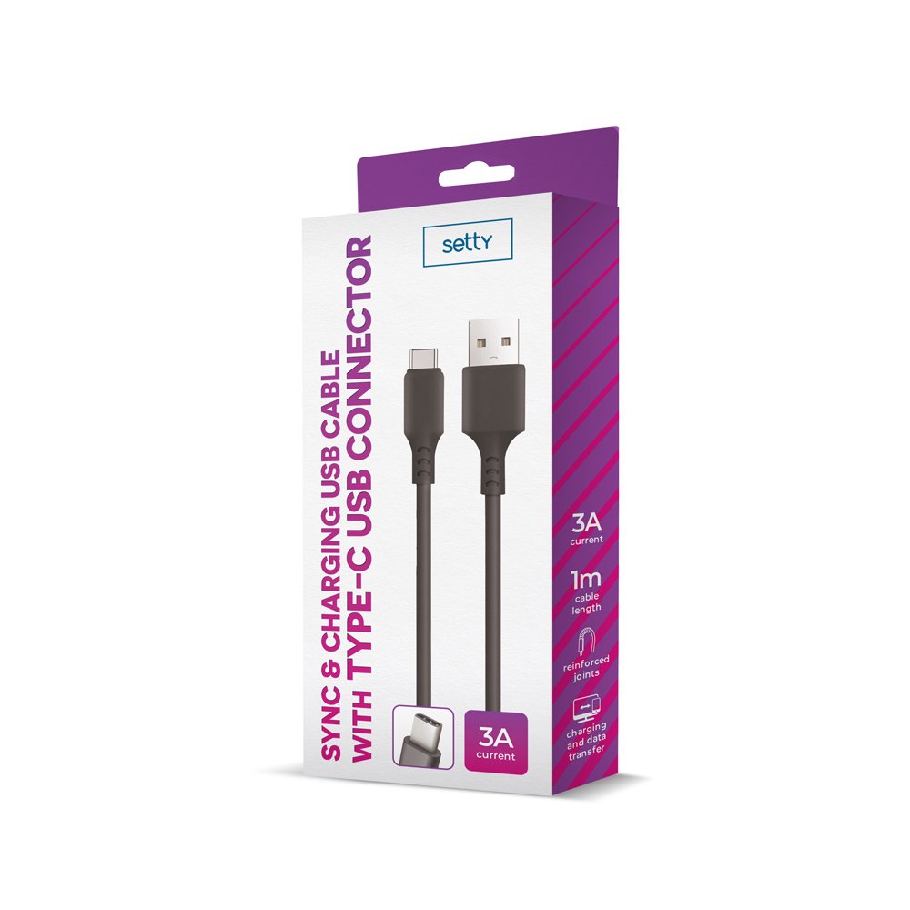 Setty kabelis USB - USB-C 1,0 m 3A, melns