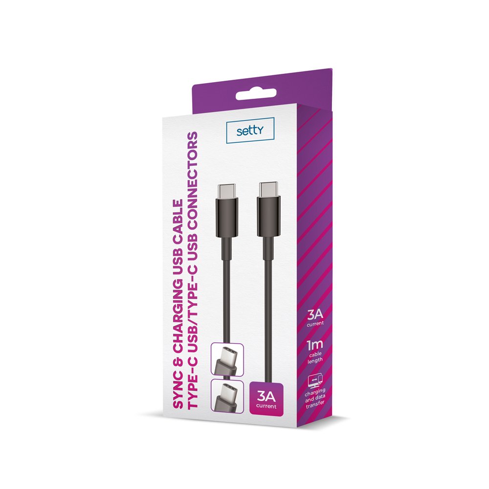 Setty kabelis USB-C - USB-C 1,0 m 3A, melns