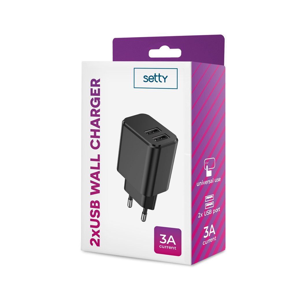 Setty lādētājs 2x USB 3A, melns