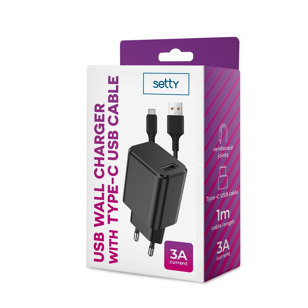 Setty lādētājs 1x USB 3A melns + USB-C kabelis 1,0 m