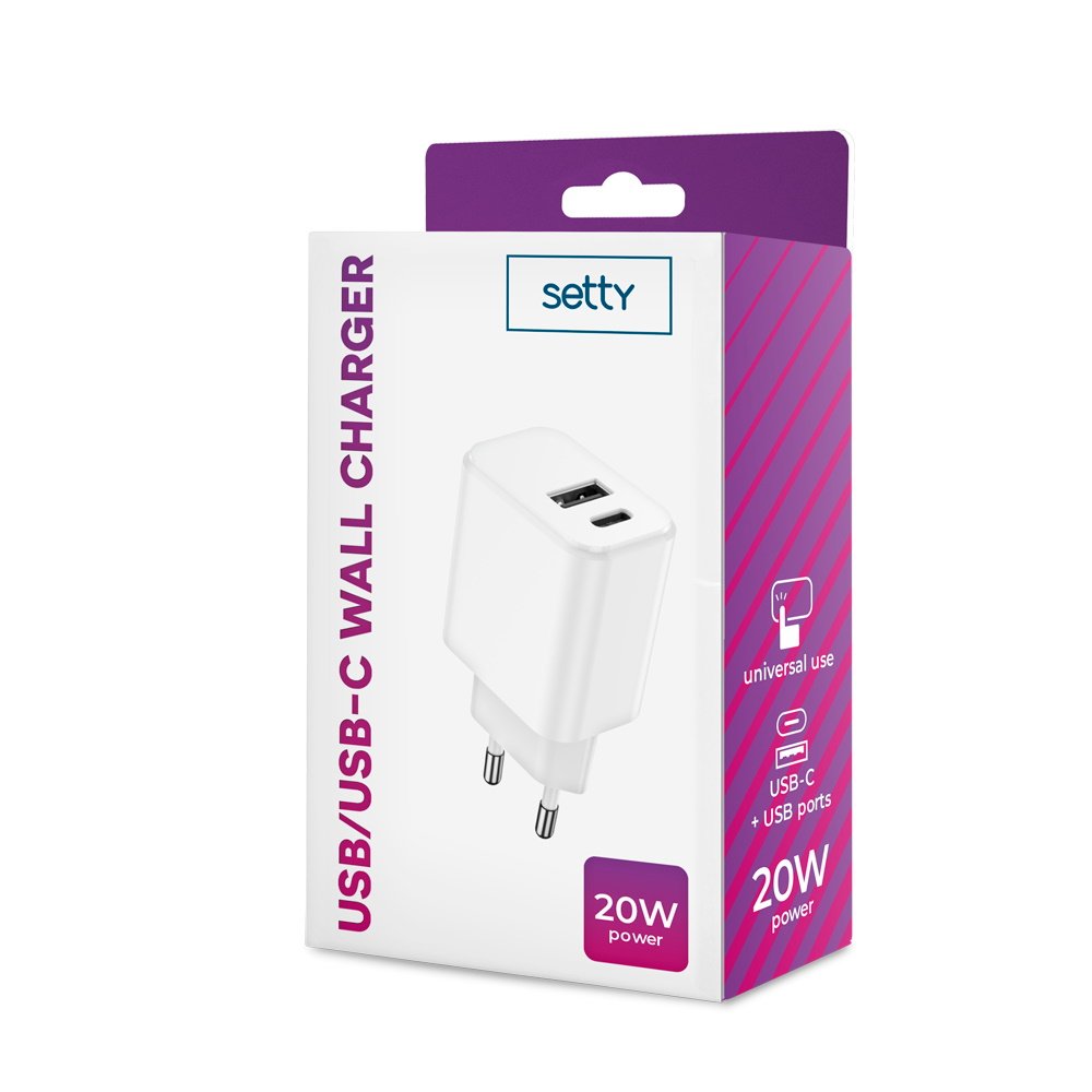 Setty lādētājs 1x USB + USB-C 3A 20W, balts