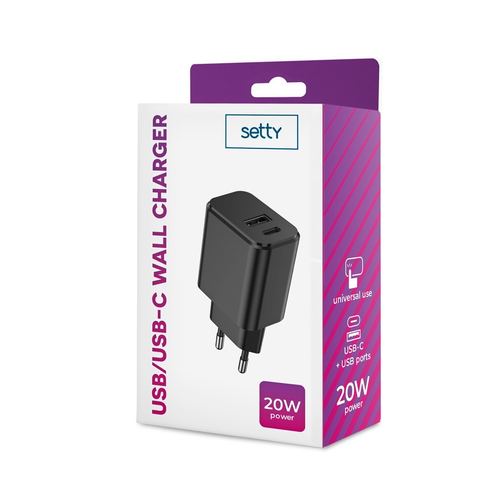Setty lādētājs 1x USB + USB-C 3A 20W, melns