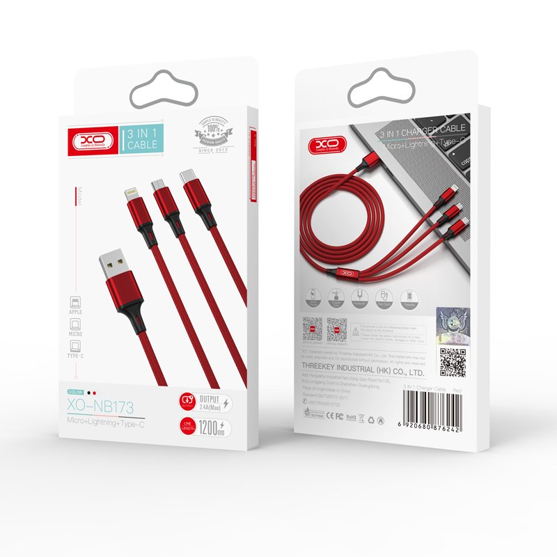 XO kabelis NB173 3/1 USB - Lightning + USB-C + microUSB 1,2 m 2,4A sarkans
