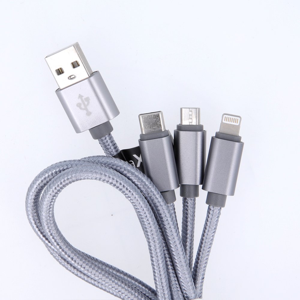 Maxlife 3/1 kabelis USB - Lightning + USB-C + microUSB 1,0 m 2,1A pelēks neilons