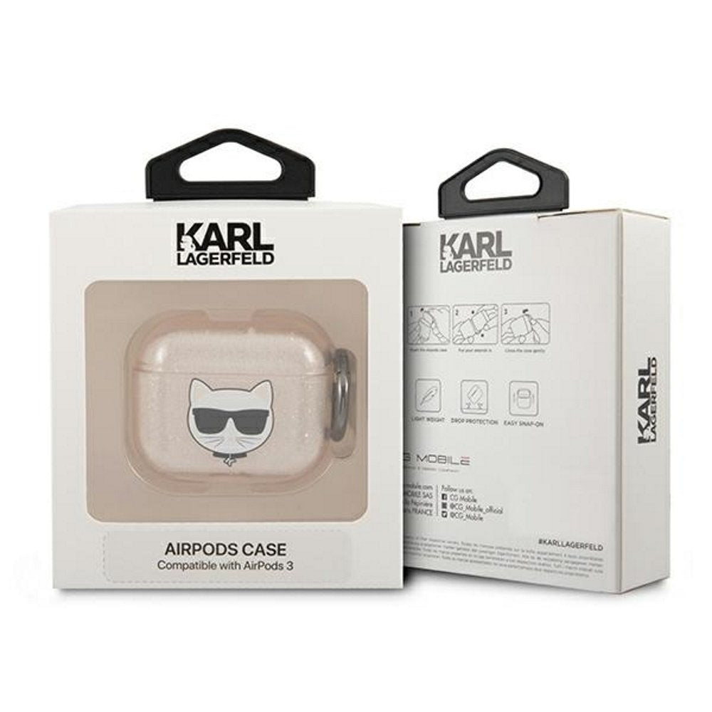 Karl Lagerfeld maciņš Airpods 3 austiņām KLA3UCHGD zelta ar mirdzošām piedurknēm un Choupette logotipu