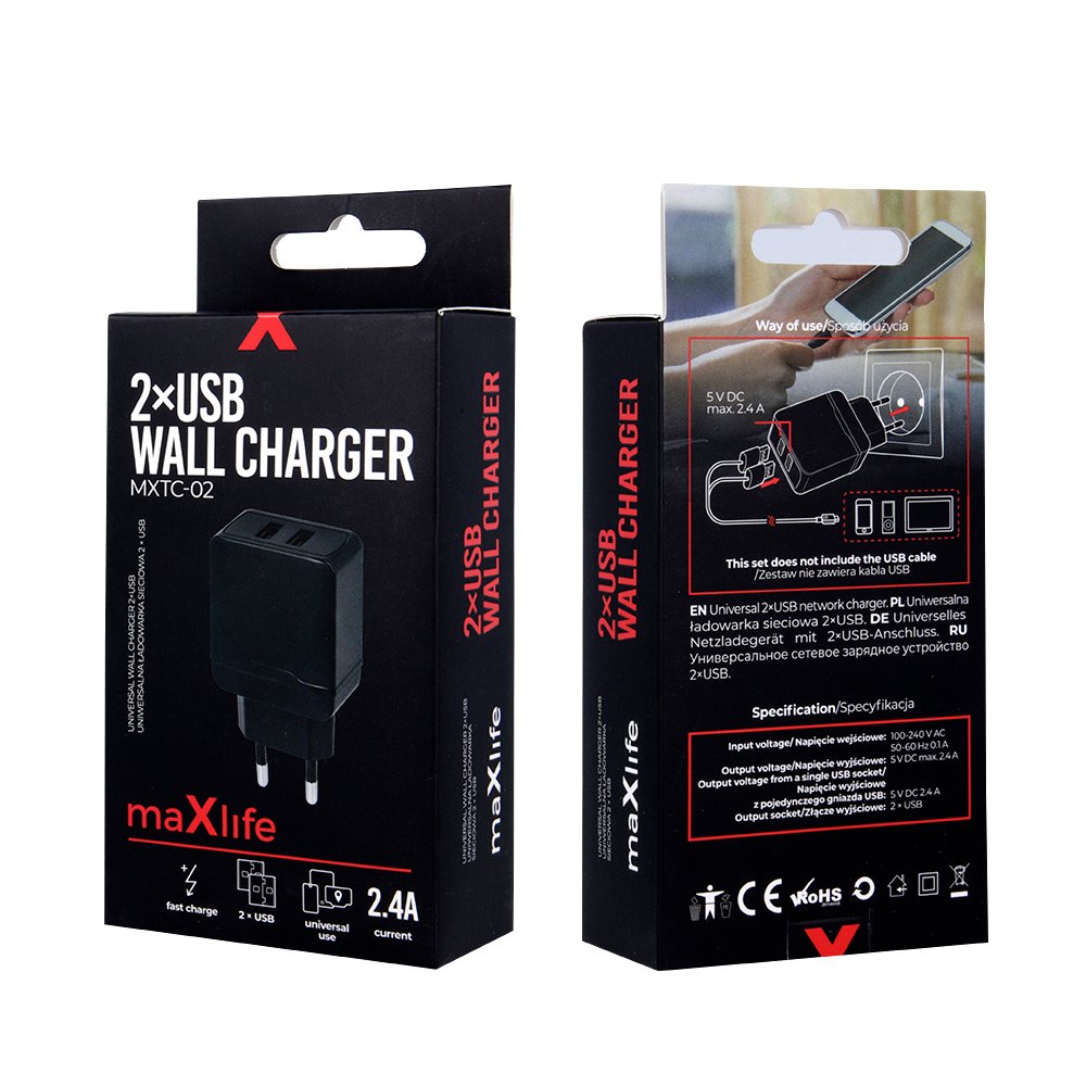 Maxlife lādētājs MXTC-02 2x USB 2.4A, melns