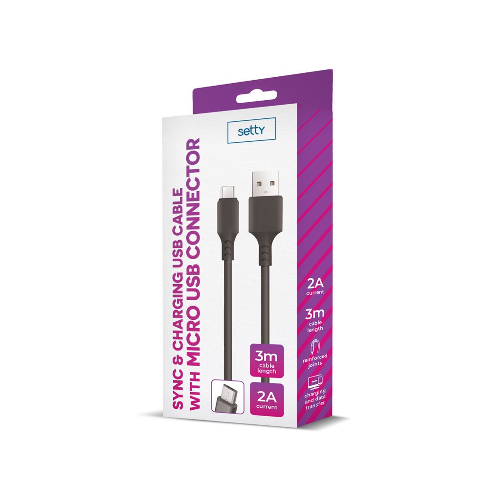 Setty kabelis USB - microUSB 3,0 m 2A melns NEW