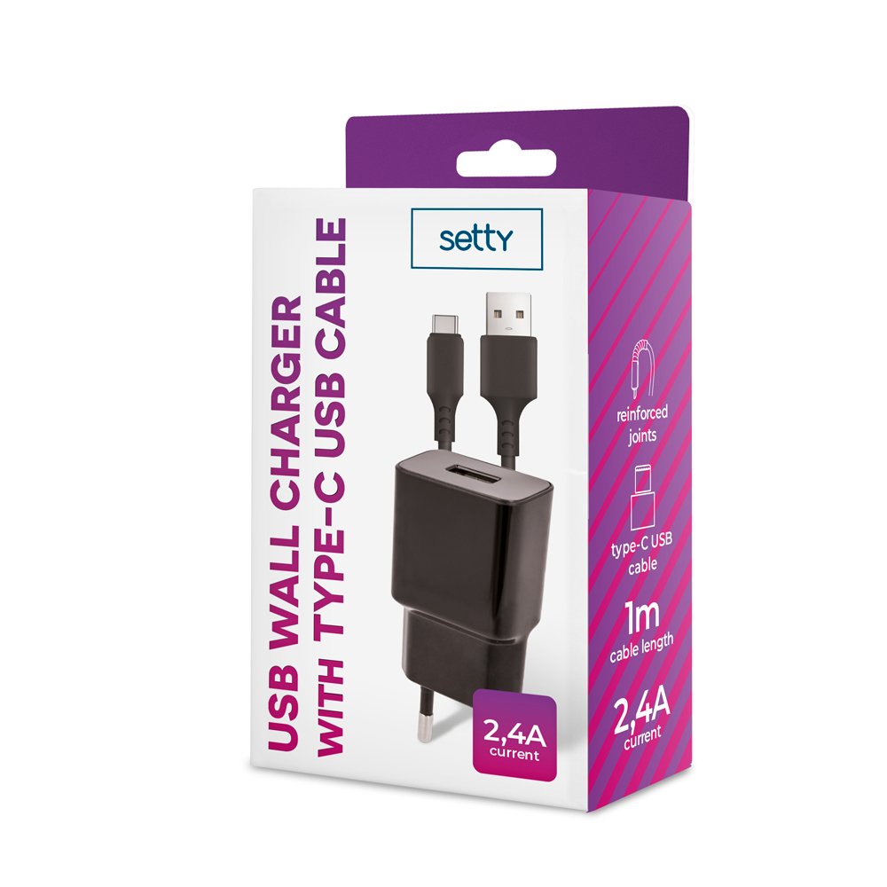 Setty lādētājs 1x USB 2,4A melns + USB-C kabelis 1,0 m JAUNS