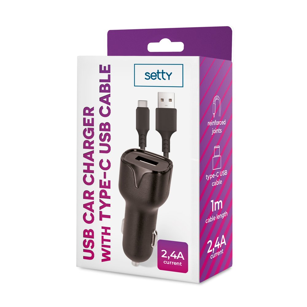 Setty automašīnas lādētājs 1x USB 2,4A melns + USB-C kabelis 1,0 m