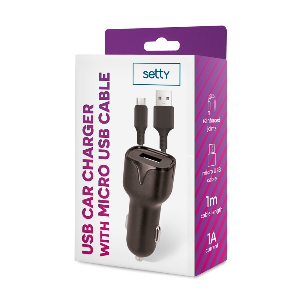 Setty automašīnas lādētājs 1x USB 1A melns + microUSB kabelis 1,0 m JAUNS