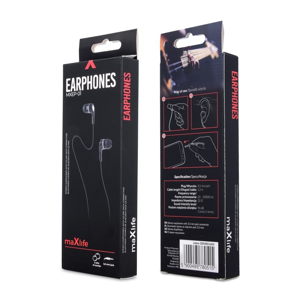 Maxlife vadu austiņas MXEP-01 jack 3,5mm, melnas