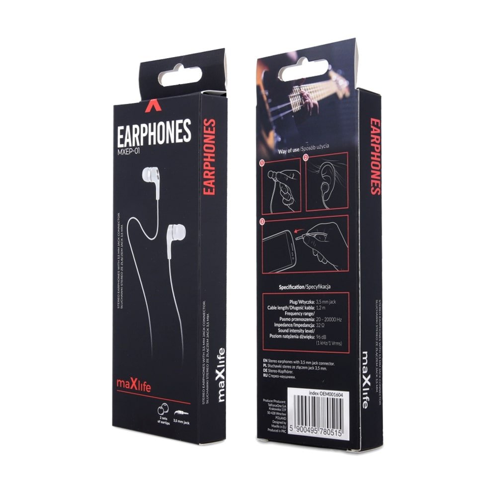 Maxlife vadu austiņas MXEP-01 jack 3,5mm, baltas