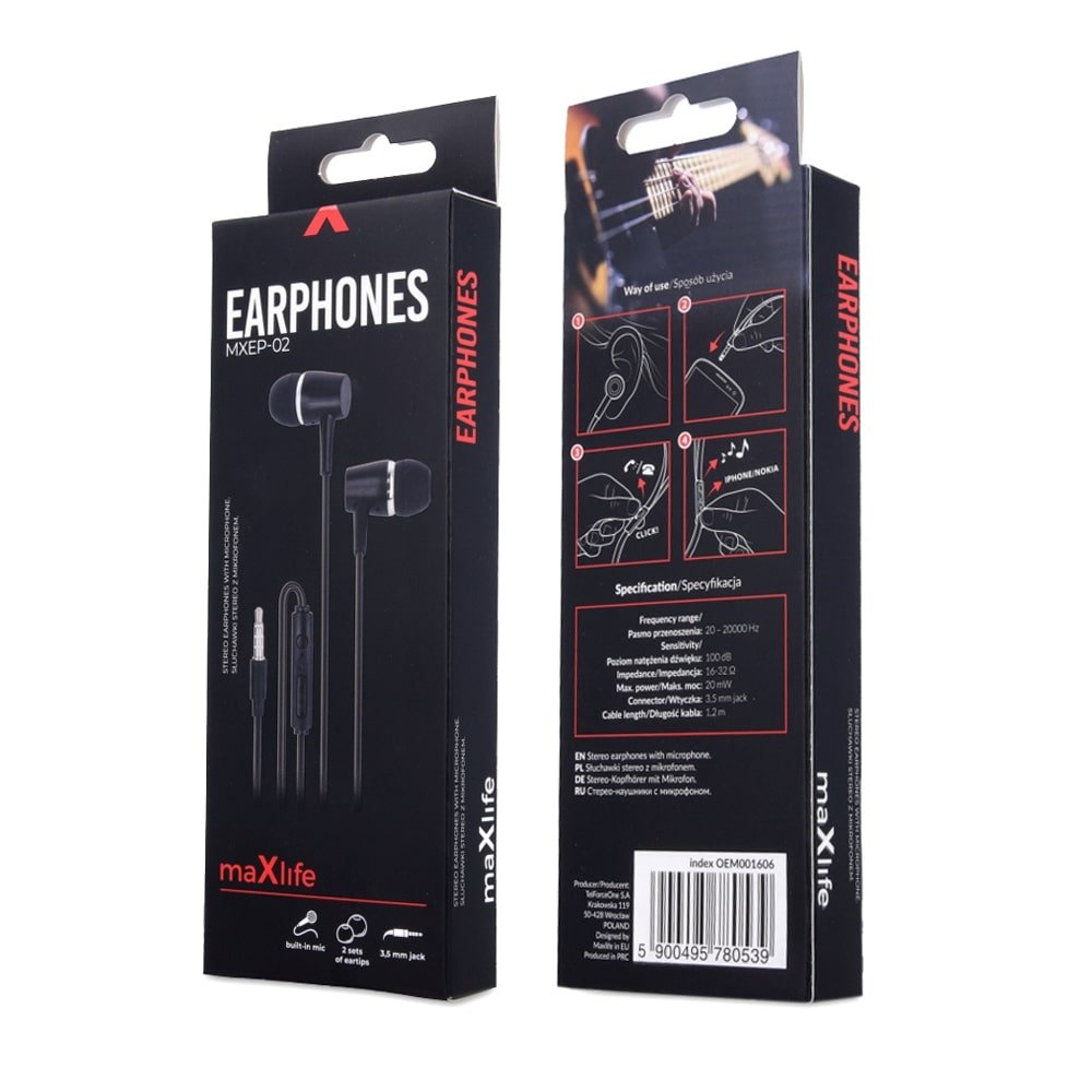 Maxlife vadu austiņas MXEP-02 jack 3,5mm, melnas