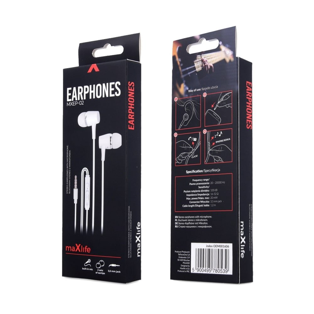 Maxlife vadu austiņas MXEP-02 jack 3,5mm, baltas