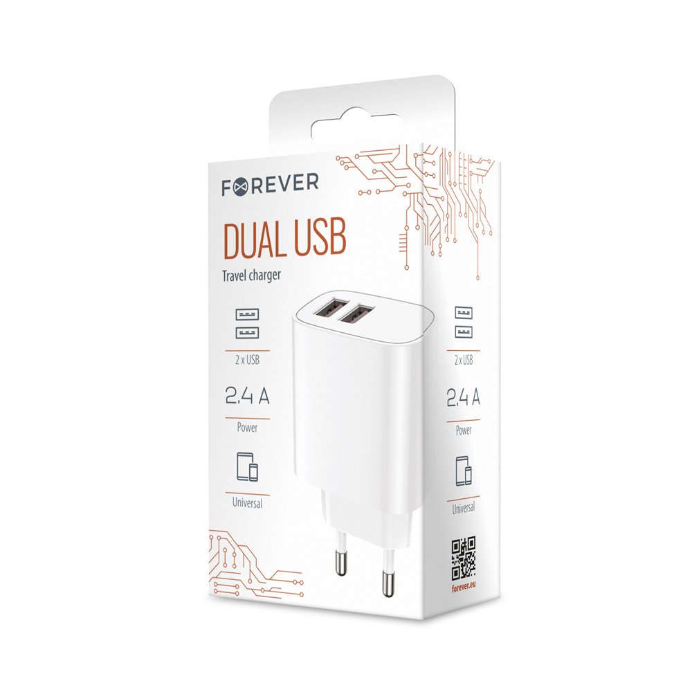 Forever tīkla lādētājs 2xUSB 2,4A LS-03, balts