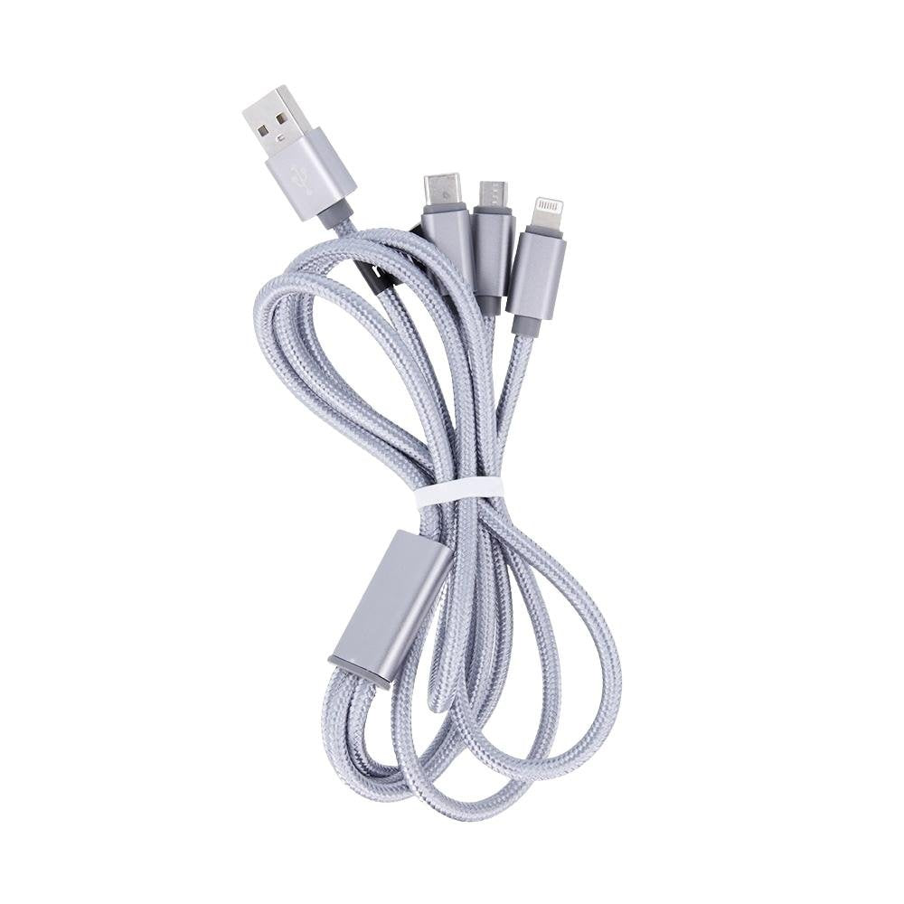 Maxlife 3/1 kabelis USB - Lightning + USB-C + microUSB 1,0 m 2,1A pelēks neilons