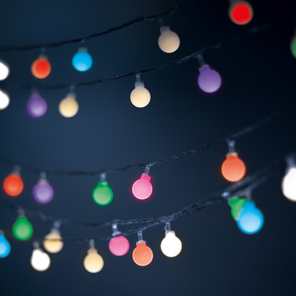 Saules enerģijas LED gaismas virtene ar matētām bumbiņām SFB62, 6,5 m, 30 bumbiņas, daudzkrāsaina, „Forever Light“