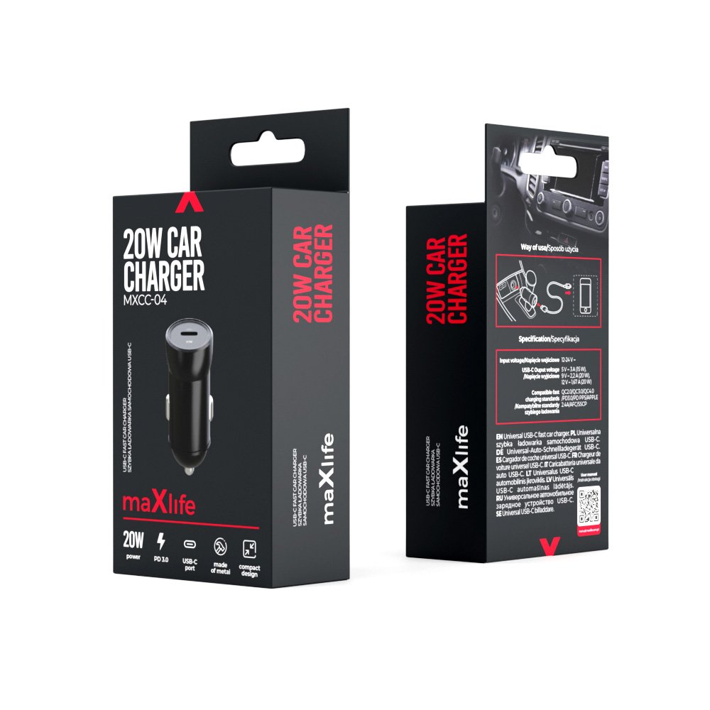Maxlife auto lādētājs MXCC-04 PD QC 1x USB-C 20W, melns