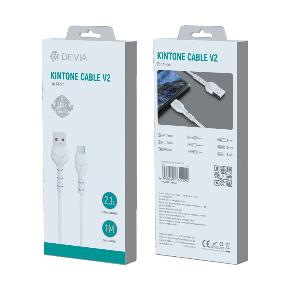 Devia kabelis Kintone EC144 USB - MicroUSB 1,0 m 2,1A, balts