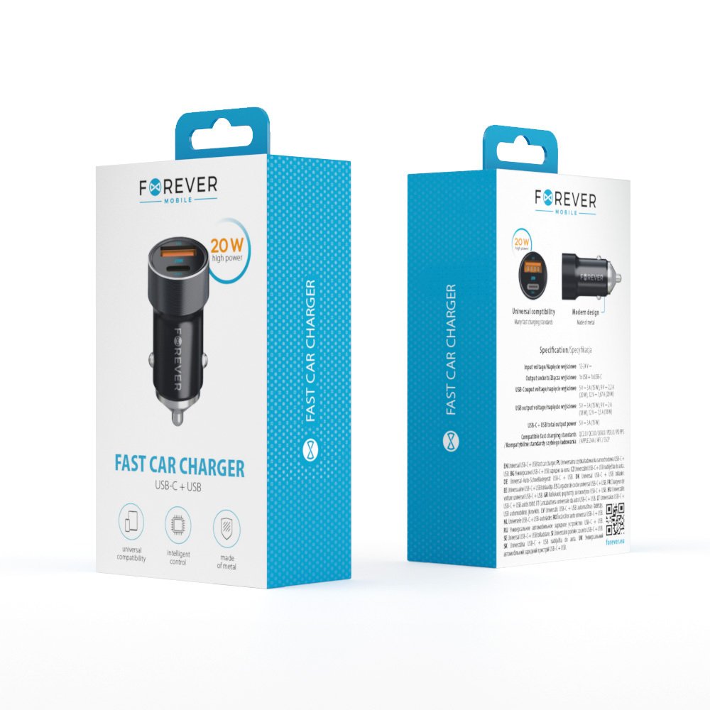 Forever auto lādētājs CC-06 PD QC 1x USB-C 1x USB 20W, melns