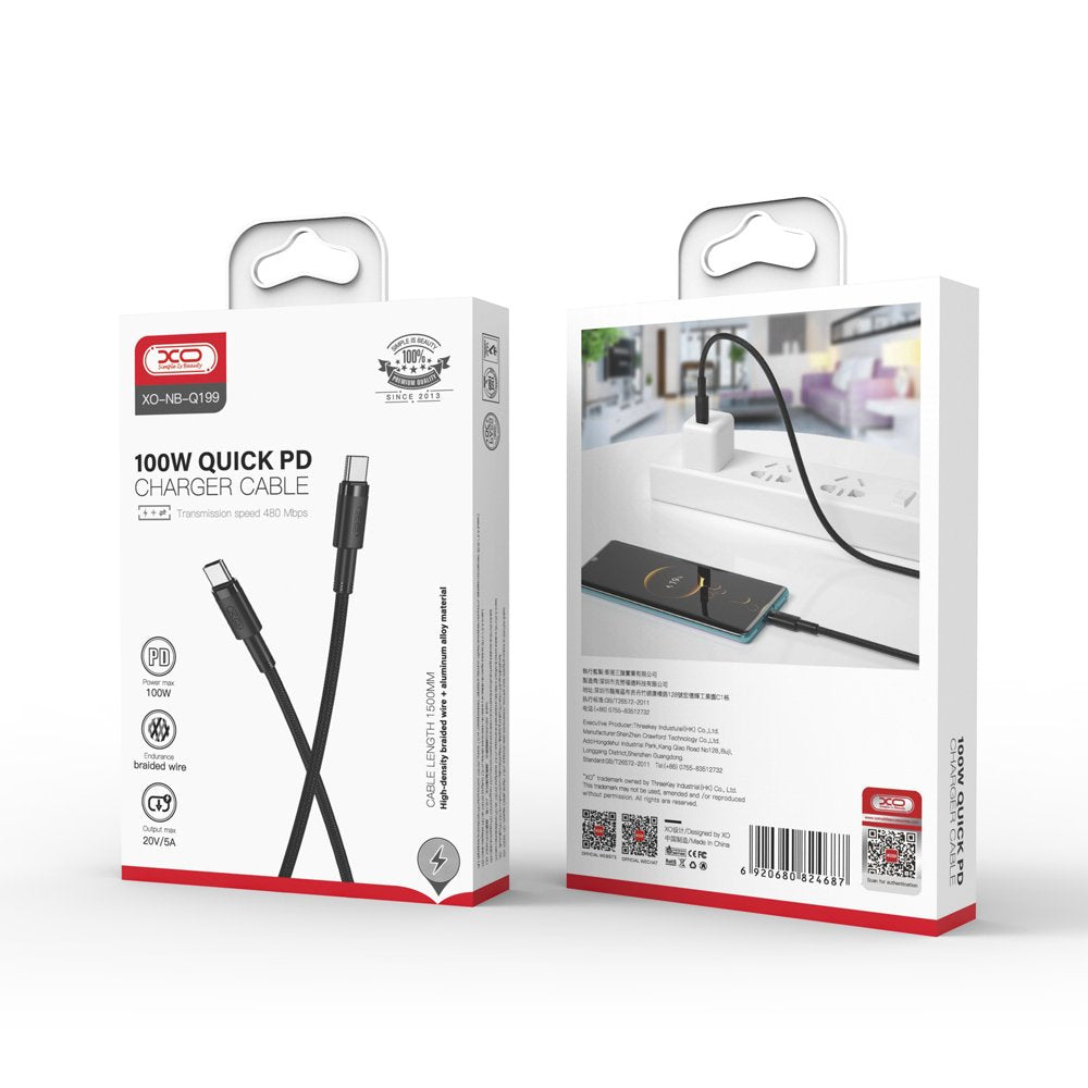 XO kabelis NB-Q199 PD USB-C - USB-C 1,5m 100W, melns