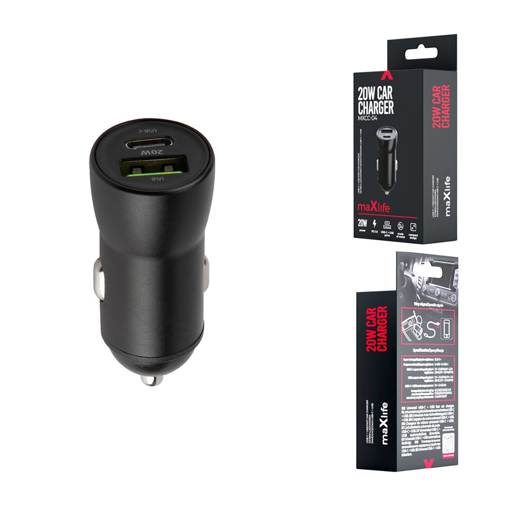 Maxlife auto lādētājs MXCC-04 PD QC 1x USB-C 1x USB 20W, melns